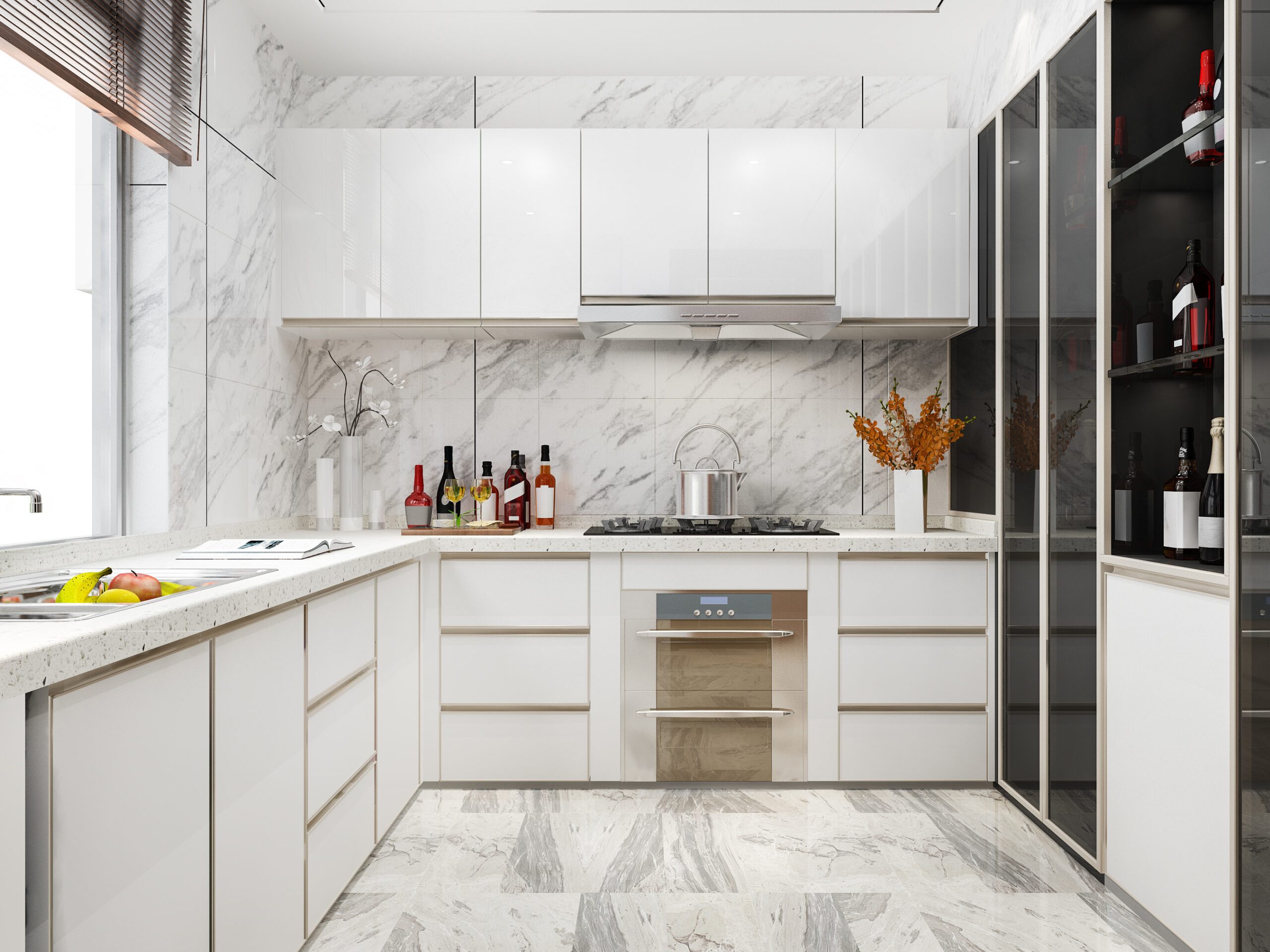 3d rendering white minimal kitchen with wood decoration